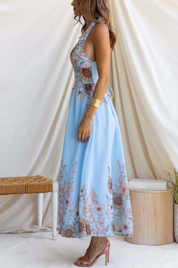 Sunflower Print V-neck Fitted Waist Elegant Maxi Dress