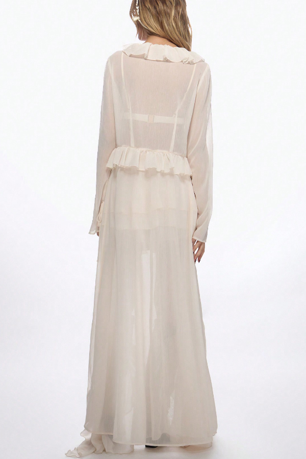 Solid Color Loose Long-sleeved Ruffled Holiday Cover-up Robe-consonak