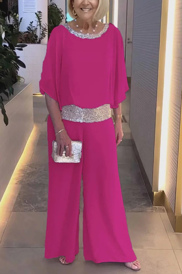Stylish Sequin Patchwork Dolman Sleeve Top and Elastic Waist Wide Leg Pants Set-consonak