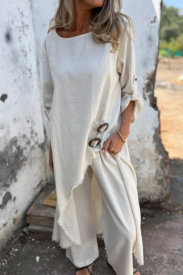 Jamilah Linen Blend Ring Detail Midi Blouse  and Elastic Waist Pocketed Loose Pants Set | Consonak