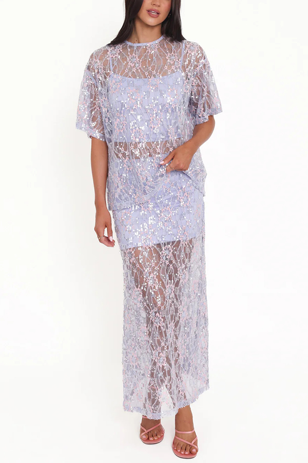 Catch The Light Sheer Sequin Lace High Rise Elastic Waist Maxi Skirt