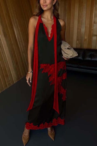 Sunday Social Contrast Color Satin Lace Trim Neck Strap Loose Tank-consonak