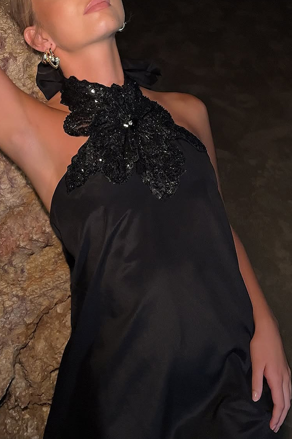 Floral Embellished Satin Halterneck Backless Resort Maxi Dress-consonak