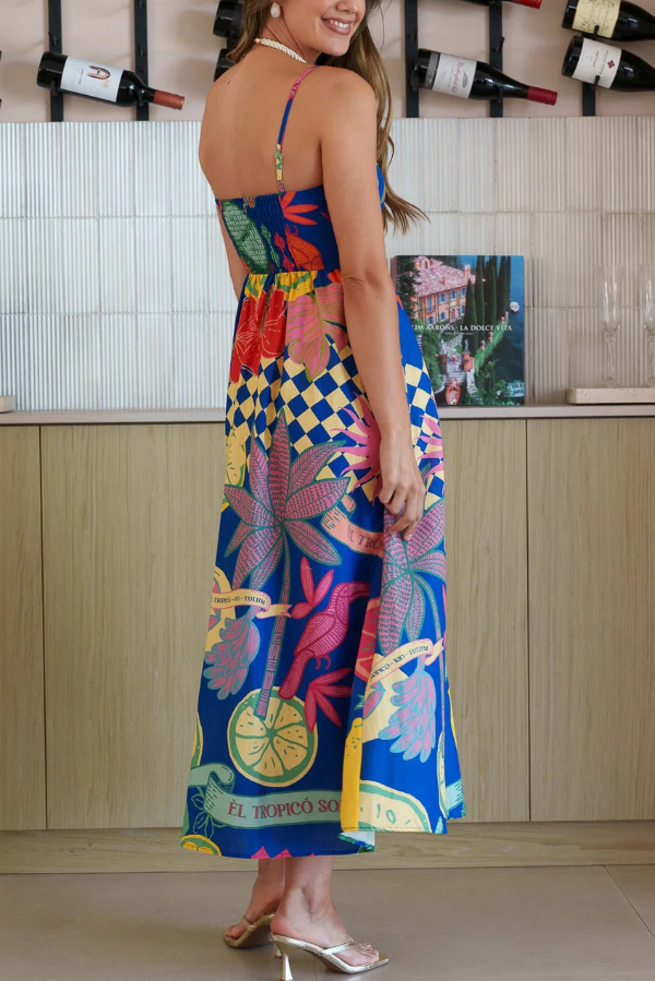 Linen Blend Unique Print Square Neck Pocket Casual Vacation Maxi Dress