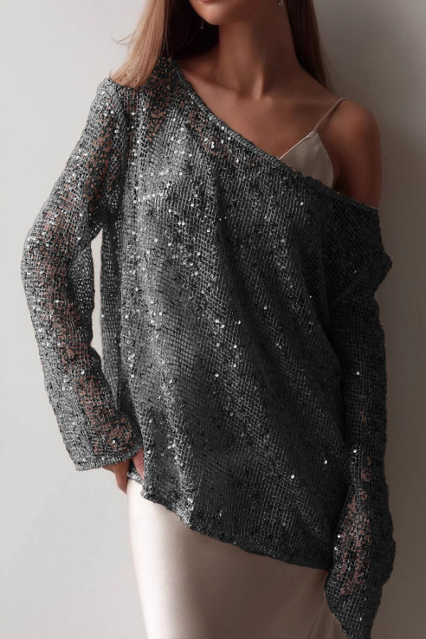 Fashionable Sequined Cutout Casual Long-sleeved Loose Cover-up Top-consonak