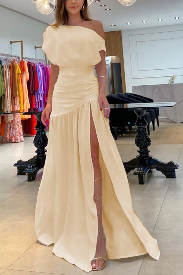 Midnight Chances One Shoulder Ruched Detail Slit Party Maxi Dress | Consonak