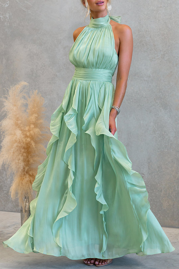 Coral Textured Metallic Chiffon Material High Tie Neck Ruffles Maxi Dress