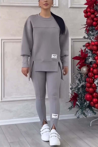 Fashionable Irregular Long-sleeved Sweatshirt and Elastic Waist Pants Set-consonak