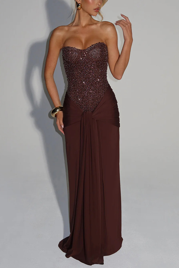Carina Sequined and Satin Jersey Off Shoulder Ruched Knot Drape Maxi Dress | Consonak