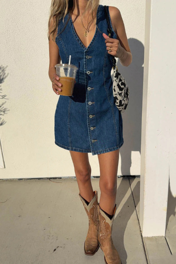 Stylish Sleeveless V-neck Buttons Tie-up Denim Mini Dress