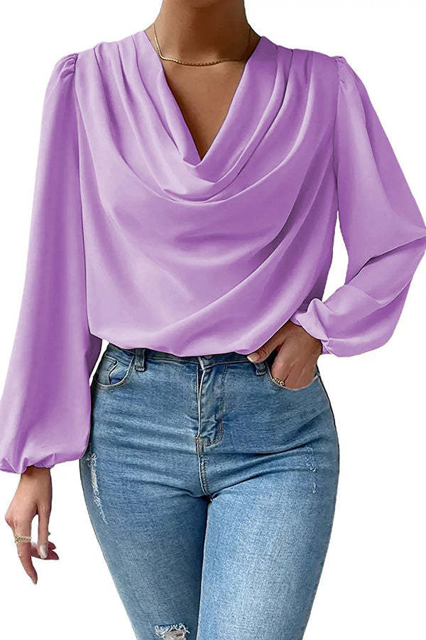 Simple and Beautiful Satin Cowl Drape Neck Long Sleeved Shirt-consonak