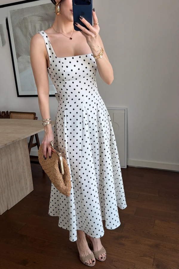 Ultimate Elegance Polka Dot Print Square Neck tie-up waist Flare midi Dress