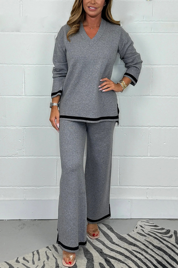Solid Color V-neck Long-sleeved Loose Top and Elastic Waist Wide-leg Pants Set-consonak