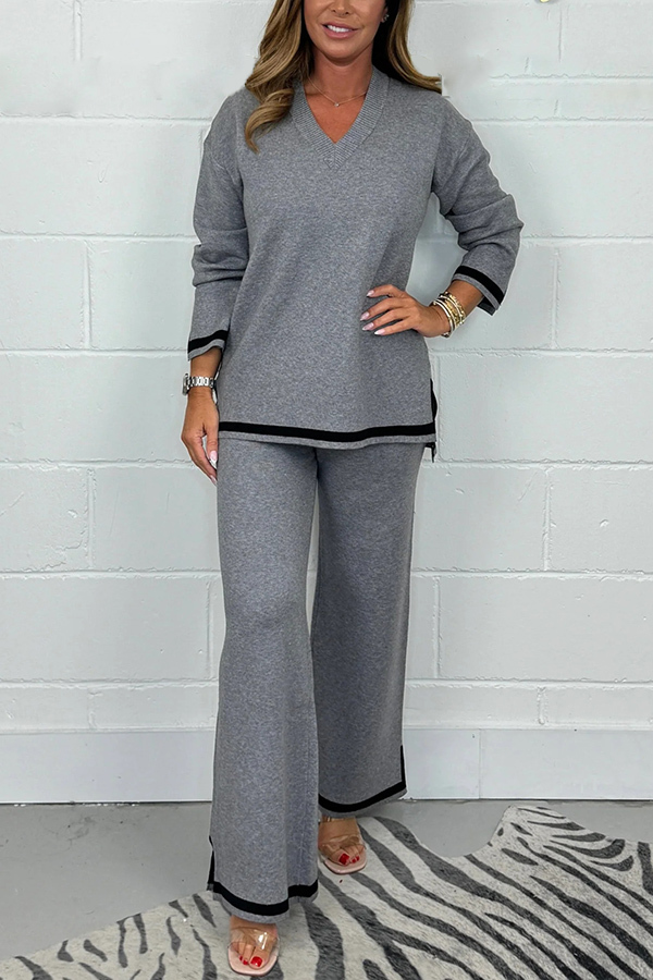 Solid Color V-neck Long-sleeved Loose Top and Elastic Waist Wide-leg Pants Set-consonak