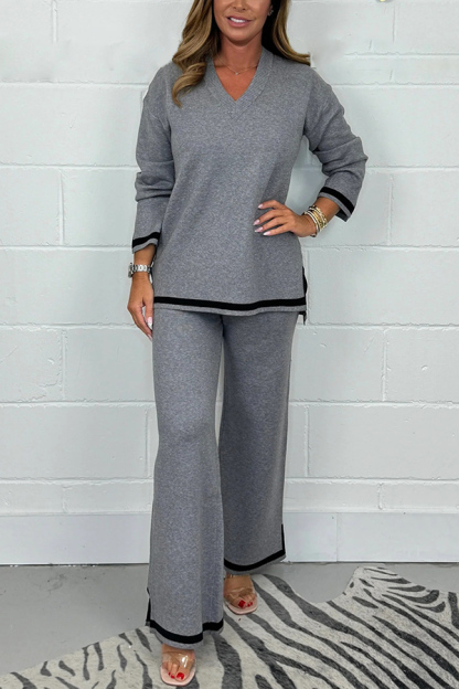 Solid Color V-neck Long-sleeved Loose Top and Elastic Waist Wide-leg Pants Set-consonak