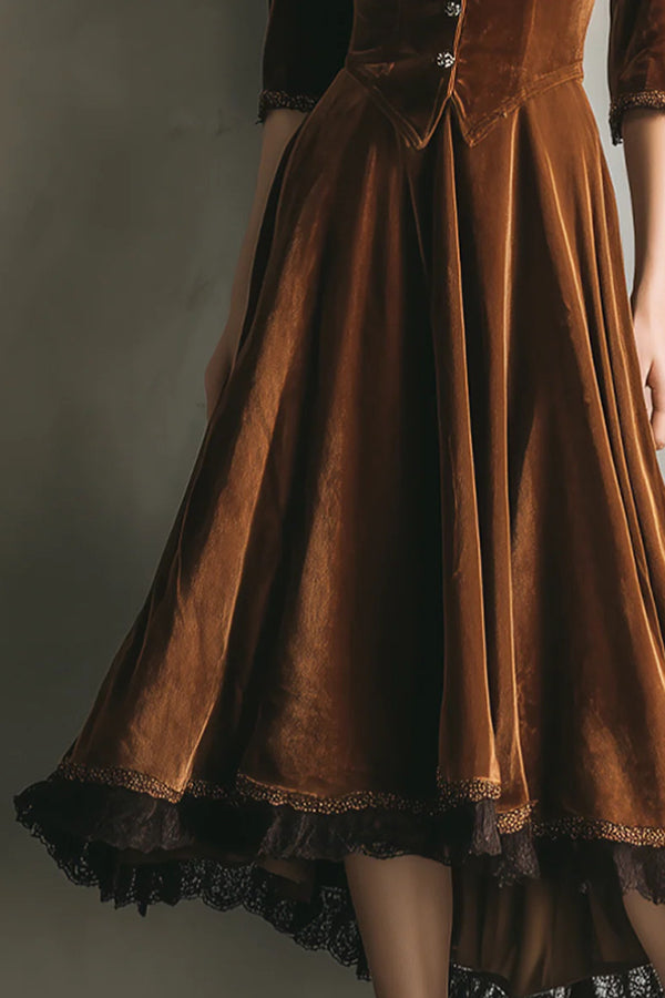 Fashionable Velvet and Lace Patchwork V-neck Button Midi Dress-consonak