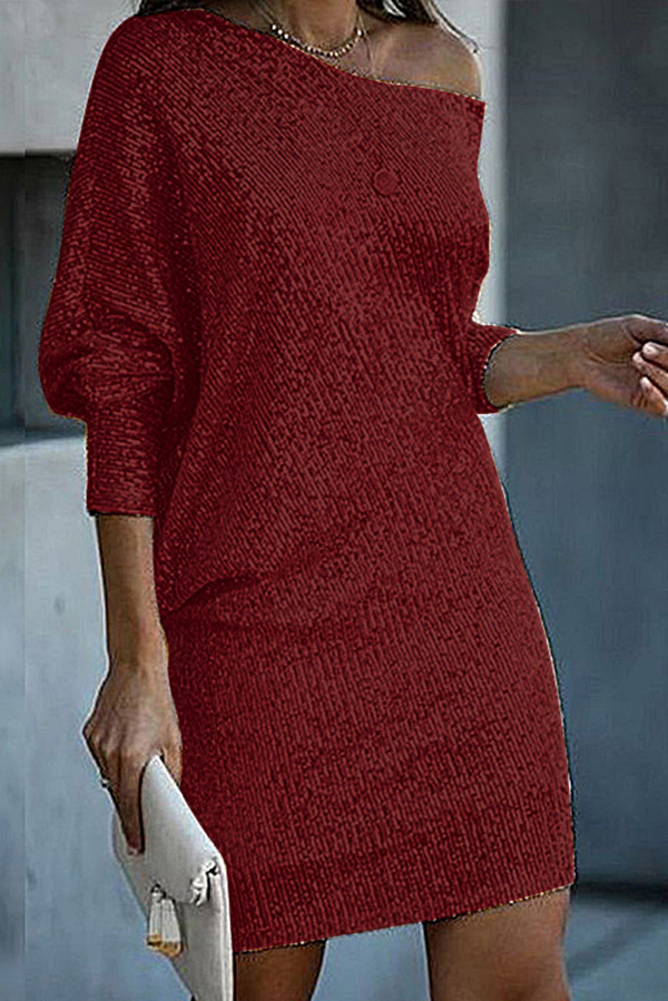 Solid Sequined Off-shoulder Loose Mini Dress-consonak