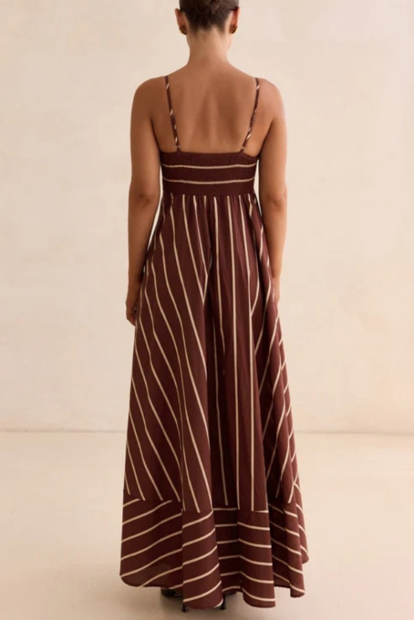 Striped Print Square Neck Spaghetti Strap High Waist Casual Maxi Dress-consonak