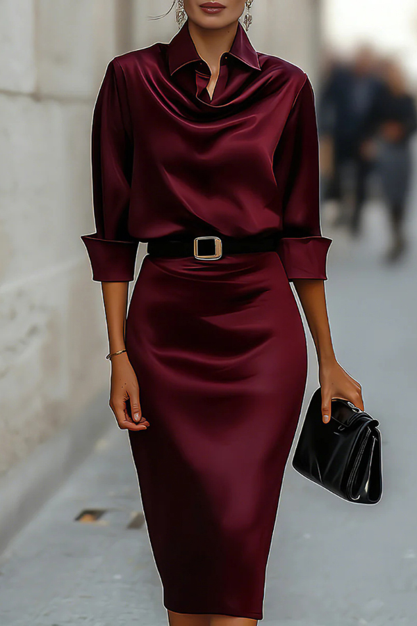 Solid Color Satin Lapel Long Sleeve Elegant Slim-fit Midi Dress | Consonak