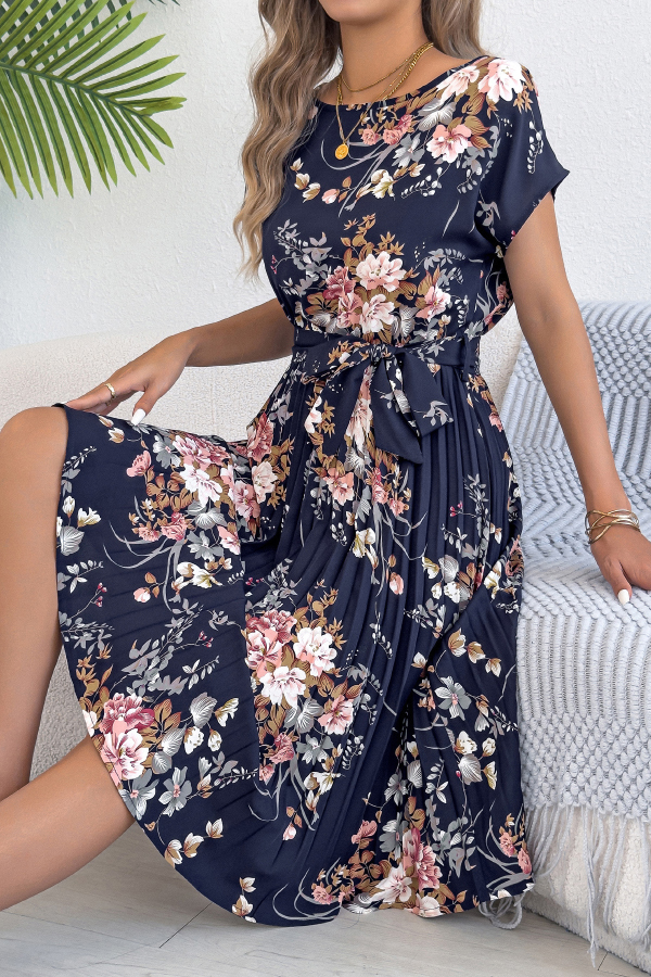 Floral Print Round Neck Fitted Waist Tie Pleated Midi Dress-consonak