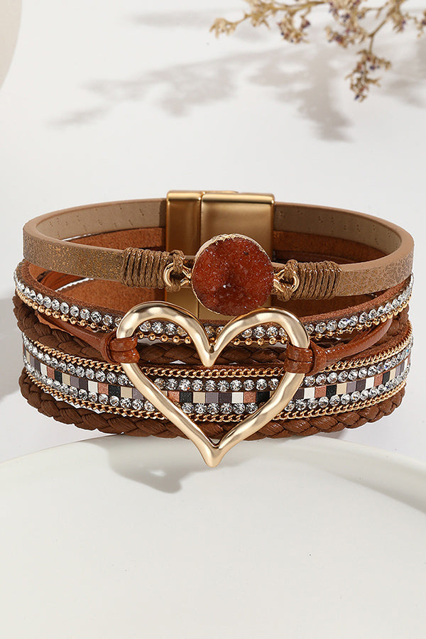 Bohemian Leather Cord Multi-layered Raw Stone Heart Bracelet | Consonak