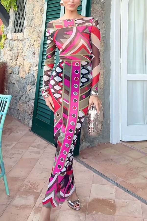Gypsy Girl Mesh Unique Print Wide Neck Long Sleeve Stretch Maxi Dress-consonak
