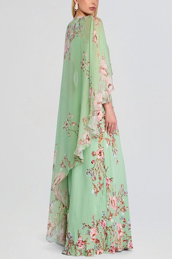 Love in Bloom Floral Print Asymmetrical Chiffon Cape Maxi Dress