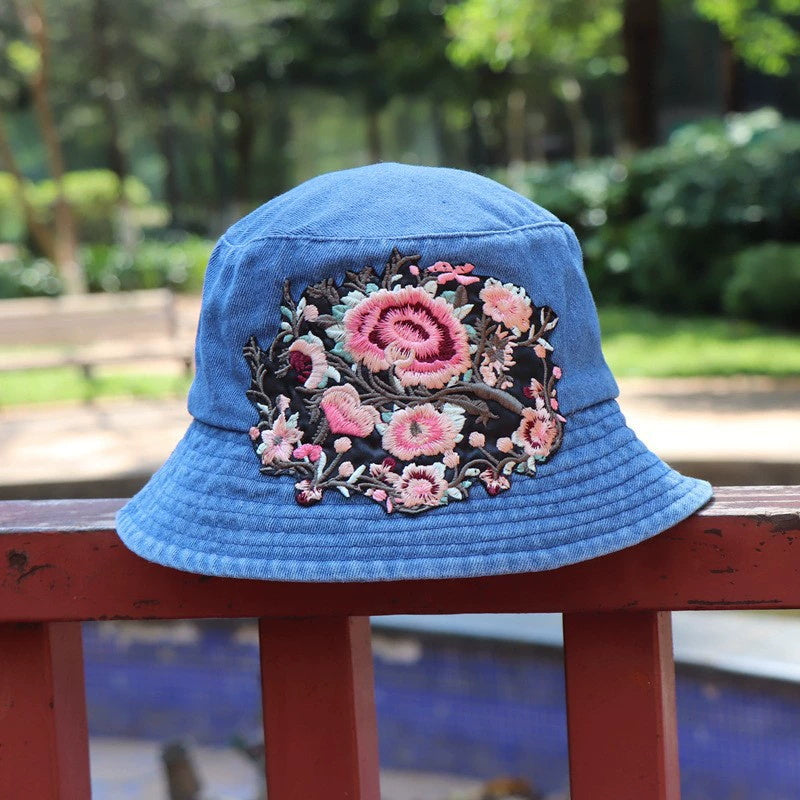 Fashionable Ethnic Style Embroidered Denim Bucket Hat-consonak
