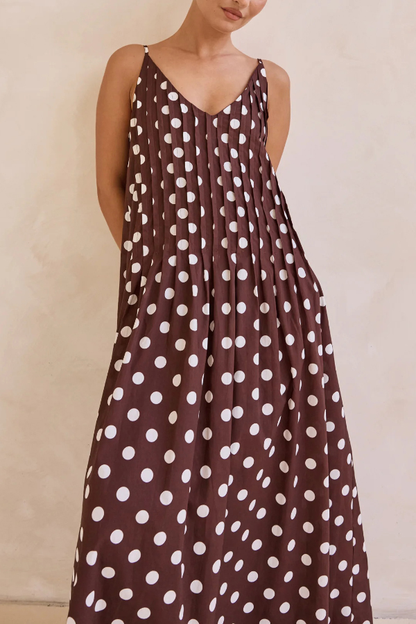 Polka Dot Print V-neck Pleated Casual Vacation Maxi Dress-consonak