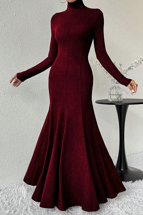 Solid Color High-neck Long-sleeved Slim-fit Fishtail Elegant Maxi Dress-consonak