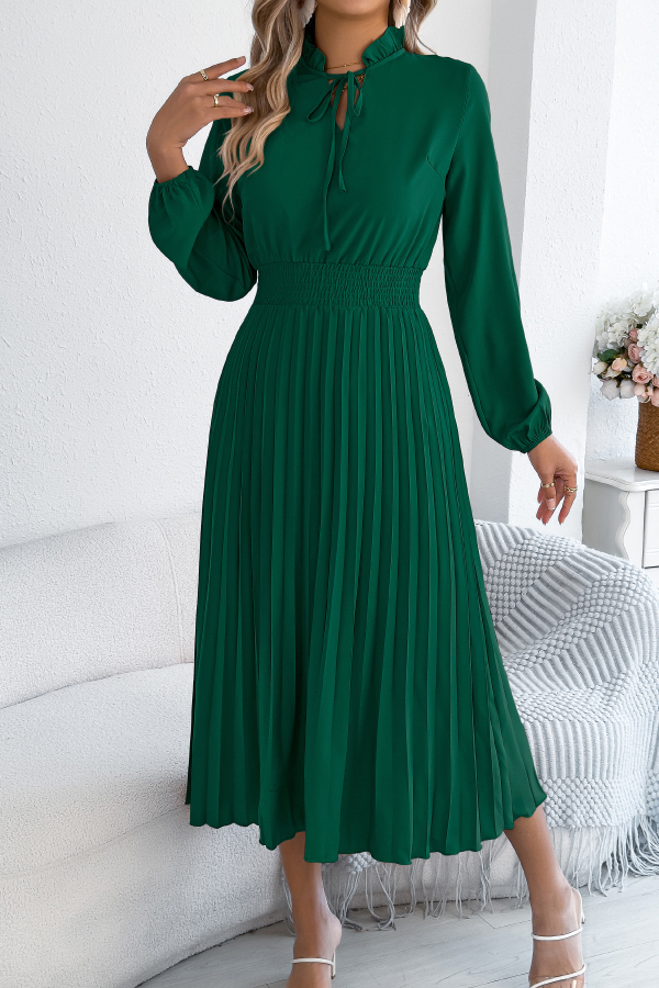 Solid Color Long-sleeved Fitted Waist Pleated Elegant Midi Dress-consonak