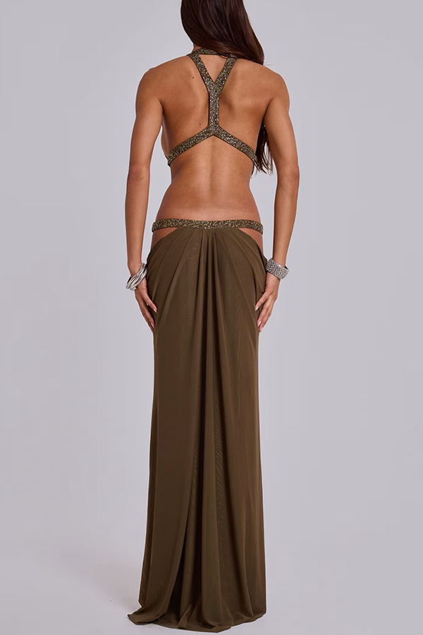 Khaki Hot-fix Rhinestone Shoulder Strap Cutout Design Backless Drape Maxi Dress-consonak