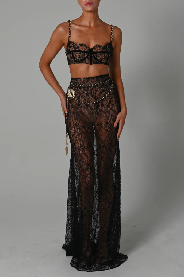 Stylish Lace Camisole Bra Top and Vacation See-through Maxi Fishtail Skirt Set | Consonak