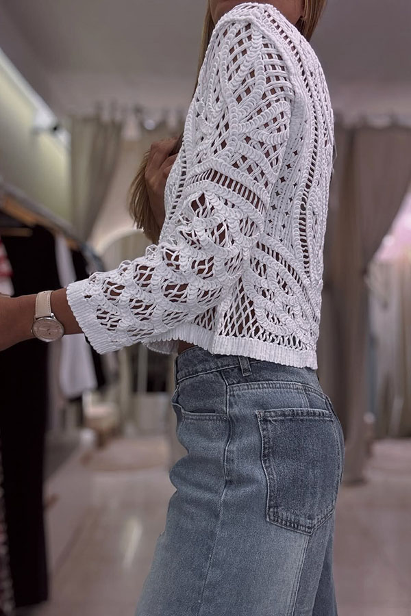 Lopez Knit Crochet Cutout Unique Pattern Long Sleeve Loose Top