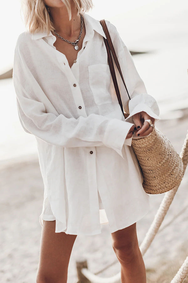 Go To The Beach Linen Blend Pocketed Long Sleeve Oversized Shirt | Consonak