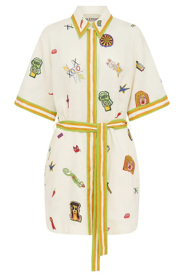 Britt Linen Blend Unique Printed Short Sleeved Pocket Tie Waist Mini Dress-consonak