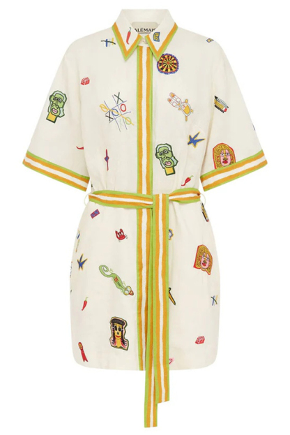 Britt Linen Blend Unique Printed Short Sleeved Pocket Tie Waist Mini Dress-consonak