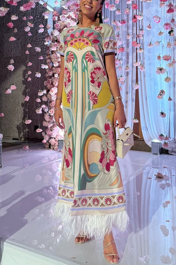 Jazlynn Satin Colorful Baroque Style Printed Short Sleeve Feather Trim Maxi Dress | Consonak