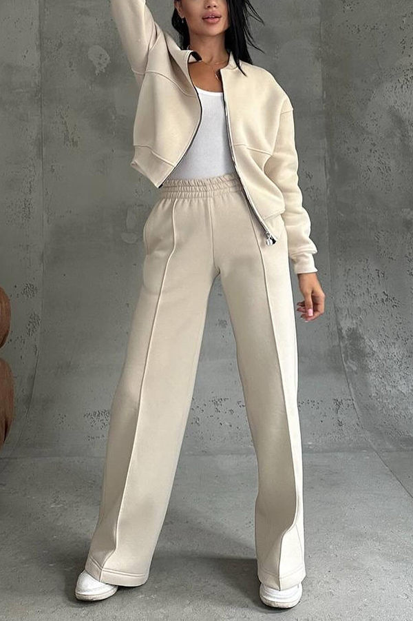Solid Color Casual Long Sleeve Zipper Jacket and Elastic Waist Pocket Wide Leg Pants Set-consonak