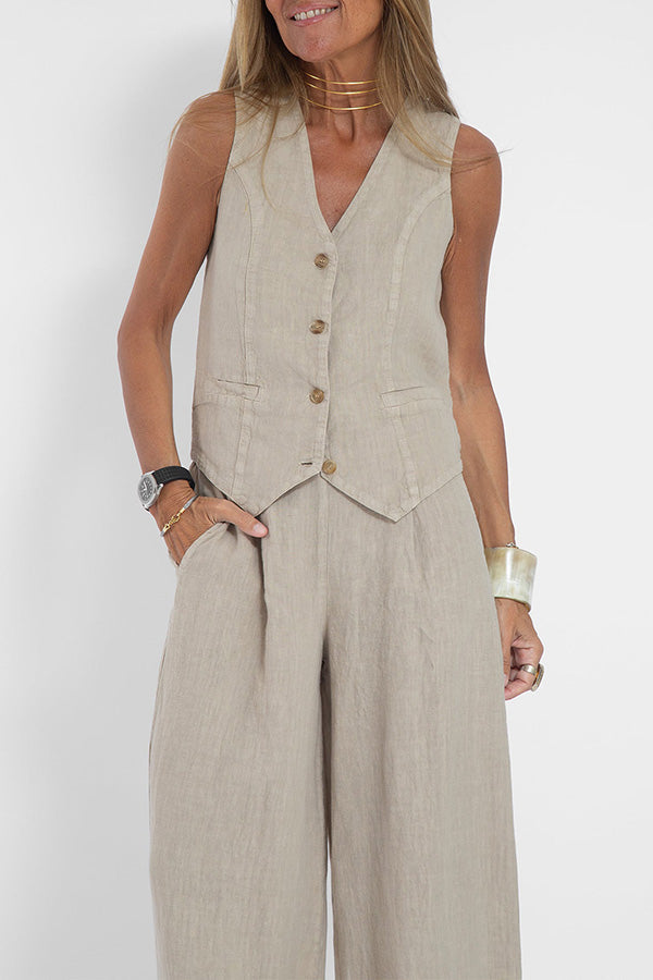 Eddie Linen Blend Button Vest and Elastic Waist Pocketed Wide Leg Pants Set-consonak