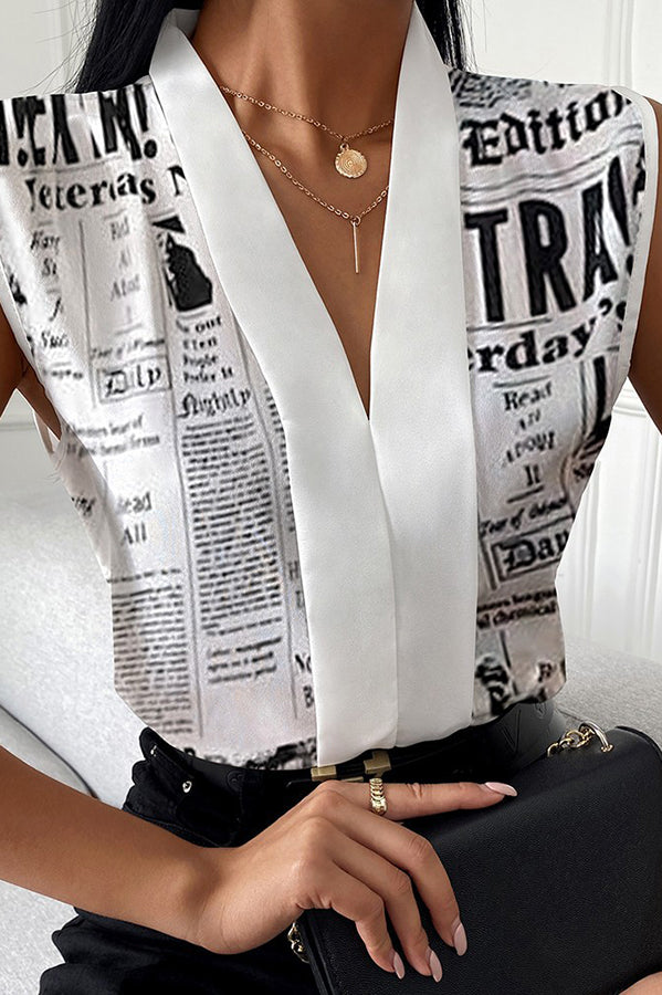 Marble / Abstract Print V-Neck Casual Top-consonak