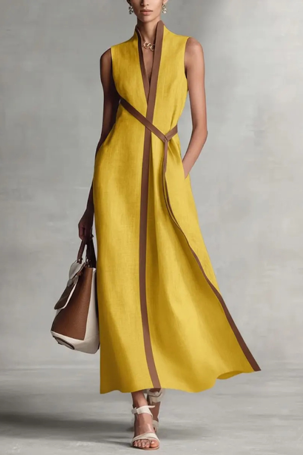 Linen Blend Color-blocked Edging V-neck Sleeveless Loose Maxi Dress | Consonak