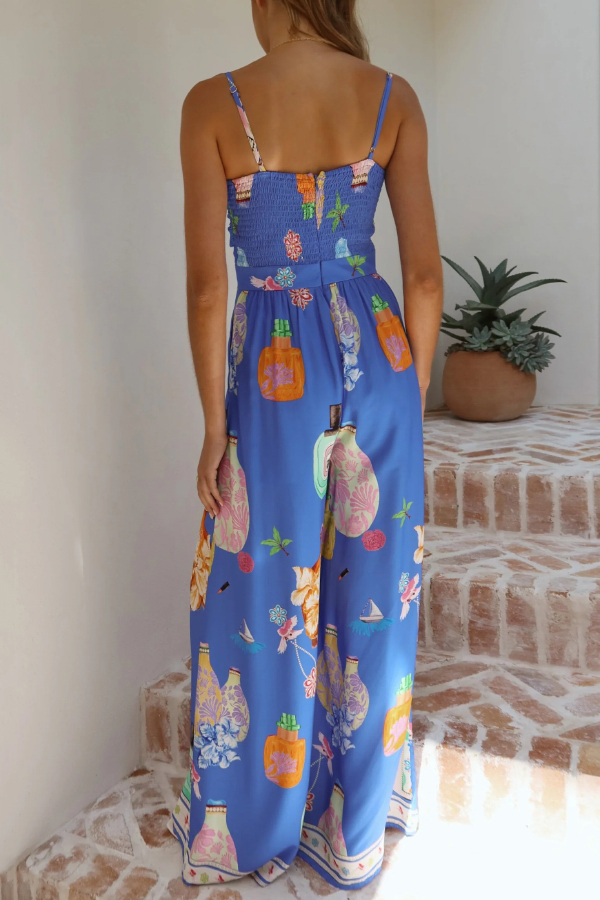 Perfume Bottle Print Strappy Fitted Waist Casual Pocket Wide-Leg Jumpsuit