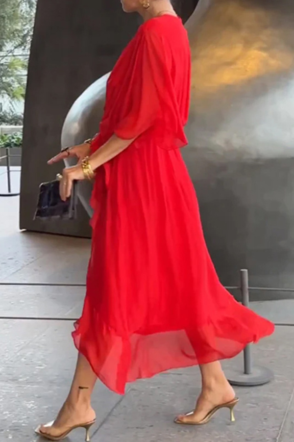 Solid Color V-neck Bat Sleeve Lace-up Irregular Hem Midi Dress-consonak