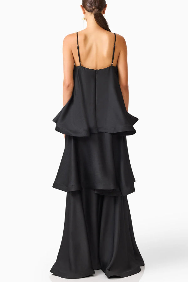 Soft and Smooth Satin Tiered Slip Square Neck A-line Maxi Dress