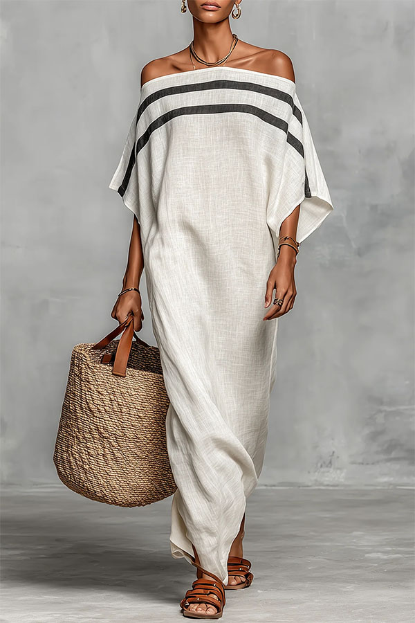 Bella Linen Blend Striped Print Off Shoulder Half Wide Sleeve Loose Maxi Dress-consonak
