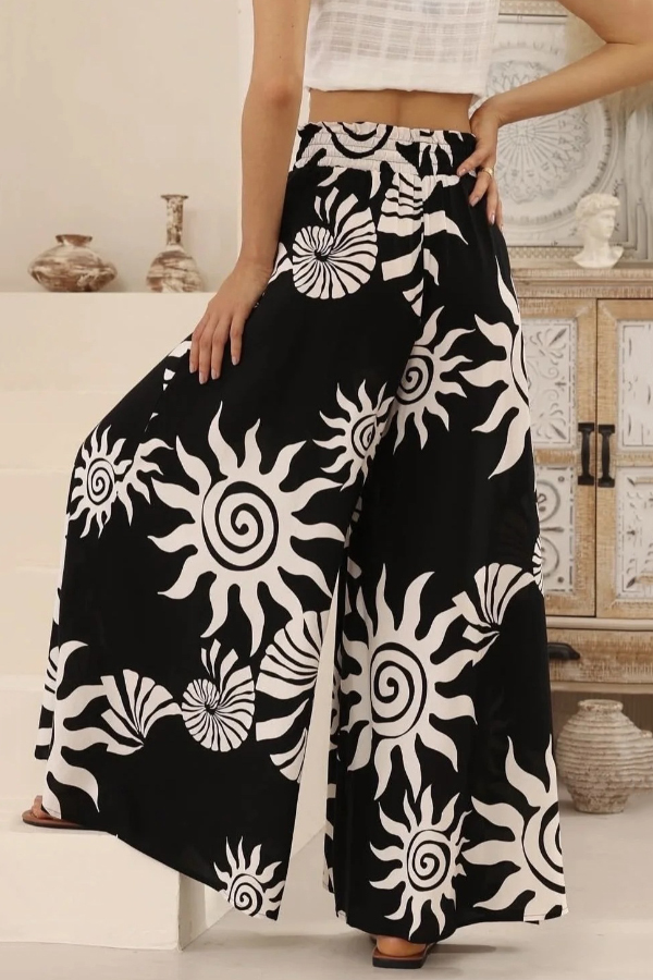Sun and Conch Print Casual Elastic Waist Drawstring Pocket Wide-leg Pants
