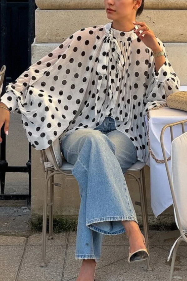 Polka Dot Print Tie-waist Lantern Sleeve Elegant Loose Shirt-consonak