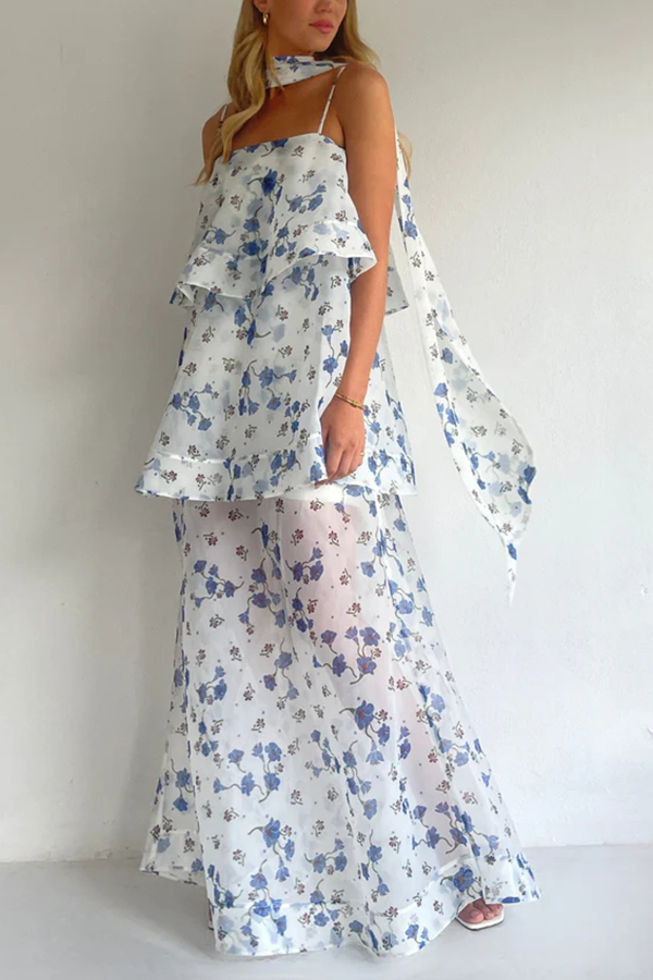 Ameile Organza Floral Print Tiered Slip Square Neck Scarf A-line Maxi Dress