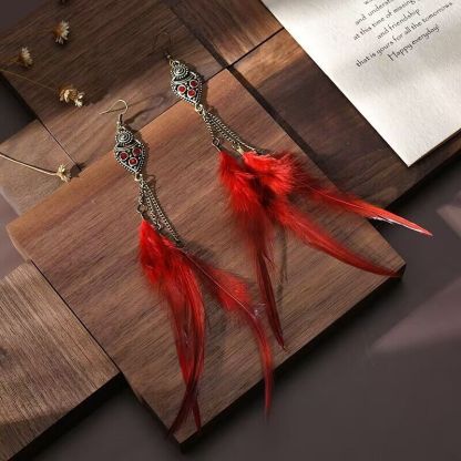 Vintage chain tassel bohemian feather earrings-consonak